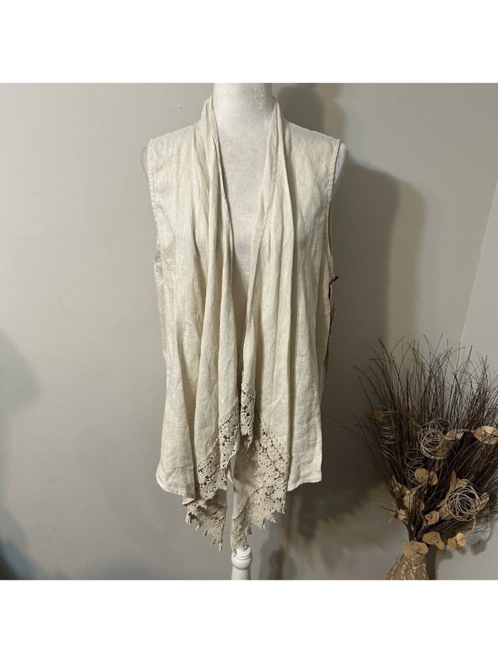 NWT Ruby Rd 100% Linen Women Beige Open Draped Front Cardigan Crochet Hem Size M